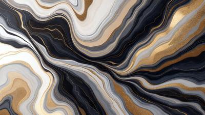 The primary subject of the image is a close-up of a marble tile with a gold and black pattern. The setting is a wall, and the visual style is a photo. The dominant colors are gold and black, creating a sophisticated and elegant atmosphere.