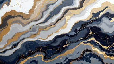 The primary subject of the image is a blue and gold marbled wallpaper. The setting is a room with a blue and gold marbled wallpapered wall. The visual style is a close-up of the wallpaper, showcasing its intricate design. The colors and mood of the image are predominantly blue and gold, creating a luxurious and elegant atmosphere.