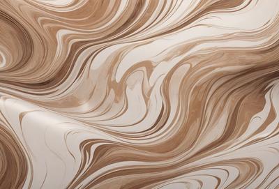 The primary subject of the image is a large, intricate, and textured wallpaper design. The setting is a room with a white background, which highlights the wallpaper's patterns and colors. The visual style is a combination of photo and digital art, creating a unique and eye-catching design. The dominant colors are brown and white, with the brown tones adding depth and warmth to the overall atmosphere.