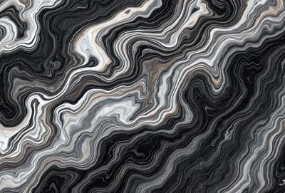 The primary subject of the image is a close-up of a marble-like pattern, which appears to be a textured stone or a patterned fabric. The setting is a black and white background, which adds a sense of depth and contrast to the image. The visual style is a combination of a photo and a digital art, illustration, or drawing, creating a unique and intricate pattern. The colors and mood of the image are predominantly black and white, giving it a classic and timeless feel.