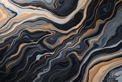 The primary subject of the image is a close-up of a black and grey marble pattern. The setting is a wooden table, and the visual style appears to be a photo. The dominant colors in the image are black and grey, creating a moody and dramatic atmosphere.