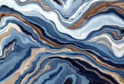 The primary subject of the image is a blue and white patterned tile. The setting is a wall, and the visual style is a close-up of the tile. The dominant colors are blue and white, creating a calm and soothing atmosphere.