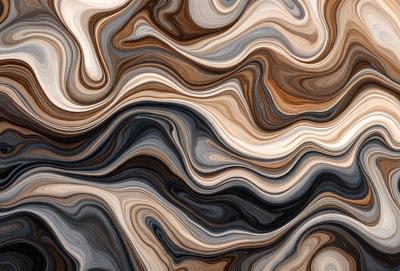 The primary subject of the image is a close-up of a marble-like pattern, which appears to be a textured surface. The setting is a wooden table, and the visual style is a combination of a photo and digital art. The colors and mood of the image are predominantly dark, with a focus on the intricate patterns and textures of the marble-like surface.