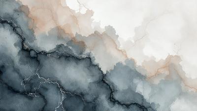 The primary subject of the image is a cloudy sky with a lightning bolt. The setting is a cloudy sky, and the visual style is a watercolor painting. The dominant colors are blue and grey, creating a moody atmosphere.