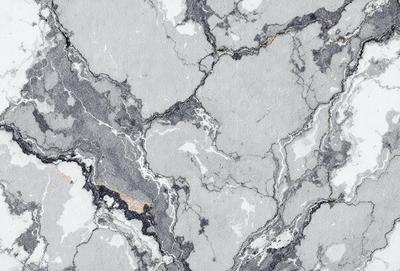 The image features a marble-like surface with a pattern of black and white. The primary subject is a close-up of the marble, showcasing its unique texture and design. The setting is a stone wall, which adds to the overall visual style of the image. The colors and mood of the image are predominantly black and white, giving it a classic and elegant appearance.