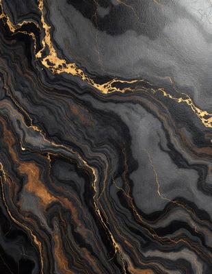 The primary subject of the image is a marble countertop with a gold-colored vein running through it. The setting is a kitchen, and the visual style is a close-up of the marble countertop. The colors and mood of the image are predominantly black and gold, giving it a luxurious and elegant appearance.