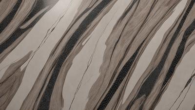 The primary subject of the image is a marble countertop with a wood grain pattern. The setting is a kitchen, and the visual style is a close-up of the countertop. The colors and mood of the image are predominantly dark, with the marble and wood grain creating a rich and elegant appearance.