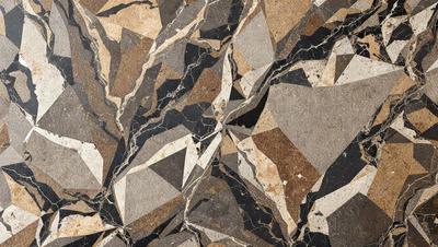 The primary subject of the image is a marble tile floor with a geometric pattern. The setting is a room with a brown and white marble tile floor. The visual style is a close-up of the floor, showcasing the intricate design. The colors and mood of the image are warm and inviting, with the brown and white marble tiles creating a sense of elegance and sophistication.