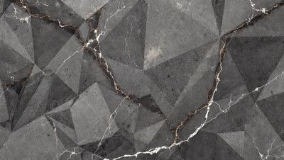 The primary subject of the image is a close-up of a marble tile with a pattern of triangles. The setting is a wall with the marble tile, and the visual style is a photo. The dominant colors are gray and black, giving the image a somewhat dark and moody atmosphere.