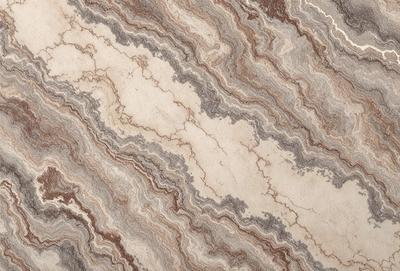 The primary subject of the image is a marble tile with a unique pattern. The setting is a room with a marble floor, and the visual style is a close-up of the marble tile. The colors and mood of the image are predominantly brown and earthy, giving it a natural and elegant appearance.