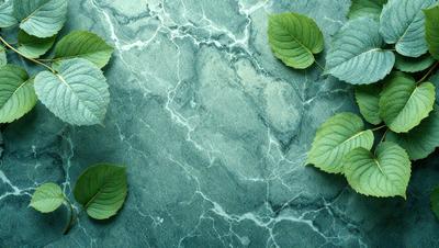 The primary subject of the image is a green leaf, which is placed on a marble surface. The setting is a stone wall, and the visual style is a close-up of the leaf. The colors and mood of the image are predominantly green, with a natural and serene atmosphere.
