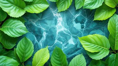 The primary subject of the image is a close-up of a leaf, which is the main object in the scene. The leaf is green and appears to be a part of a larger plant. The setting is a rocky surface, which serves as the backdrop for the leaf. The visual style of the image is a digital art or illustration, as it is a detailed and intricate representation of the leaf. The dominant colors in the image are green and blue, creating a natural and calming atmosphere.