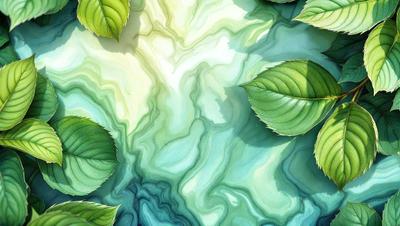 The primary subject of the image is a painting of a water surface with green leaves floating on it. The setting is a water surface, possibly a lake or a pond, with a green background. The visual style is a painting, which gives the image a more artistic and creative appearance. The colors and mood of the painting are predominantly green, creating a serene and peaceful atmosphere.