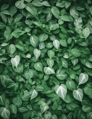 The primary subject of the image is a large green plant with many leaves. The plant is growing on a wall, creating a lush and vibrant scene. The setting is an outdoor environment, with the plant taking up a significant portion of the image. The visual style is a close-up of the plant, showcasing its intricate details. The dominant colors are green, which is the color of the plant, and white, which is the color of the leaves. The overall atmosphere is one of growth, vitality, and