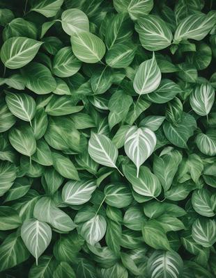 The primary subject of the image is a large green plant with white leaves. The plant is surrounded by a lush green background, creating a vibrant and natural atmosphere. The visual style of the image is a close-up of the plant, showcasing its intricate details. The dominant colors in the image are green and white, which contribute to a serene and calming mood.