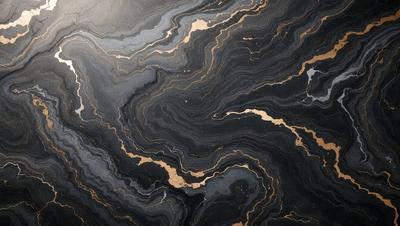 The primary subject of the image is a black and gold marbled stone. The setting is a dark background, which contrasts with the gold and black marbled stone. The visual style is a close-up of the marbled stone, showcasing its intricate patterns. The colors and mood of the image are dark and dramatic, with the gold and black marbled stone serving as the focal point.