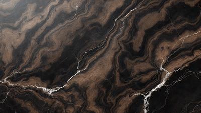 The primary subject of the image is a close-up of a marble countertop with a brown and black pattern. The setting is a kitchen or bathroom counter, and the visual style is a realistic photo. The dominant colors are brown and black, creating a rich and elegant atmosphere.