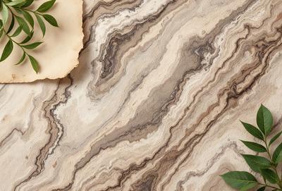 The primary subject of the image is a marble countertop with a patterned surface. The setting is a kitchen, and the visual style is a photo. The countertop has a mix of light and dark colors, creating a visually appealing and elegant atmosphere.