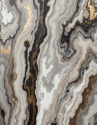 The primary subject of the image is a marble-like stone with a gold-like pattern on it. The setting is a stone wall, and the visual style appears to be a combination of a photo and a digital art or illustration. The colors and mood of the image are predominantly dark and moody, with the gold-like pattern adding a touch of warmth and sophistication.