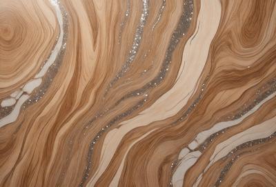 The primary subject of the image is a wooden surface with a pattern of swirls and stripes. The setting is a room with a wooden floor, and the visual style appears to be a combination of a photo and digital art. The colors and mood of the image are predominantly brown and cream, giving it a warm and natural atmosphere.