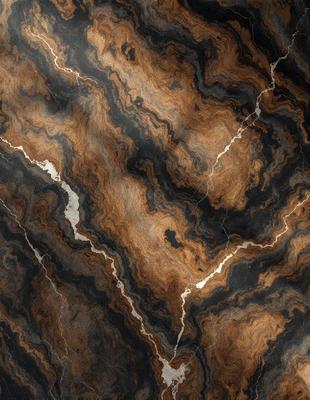 The primary subject of the image is a close-up of a marble countertop with a unique, swirling pattern. The setting is a kitchen or bathroom counter, and the visual style is a photo. The dominant colors are brown and black, giving the countertop a natural and elegant appearance. The overall atmosphere is one of sophistication and luxury, as marble is often associated with high-end materials and design.