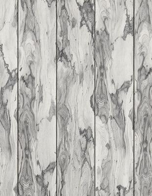 The primary subject of the image is a wooden wall with a unique and intricate design. The setting is a room with a wooden floor, and the visual style appears to be a combination of a photo and a digital art or illustration. The colors and mood of the image are predominantly gray and white, giving it a clean and modern appearance.