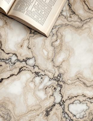 The primary subject of the image is a book, which is placed on a marble table. The setting is a marble countertop, and the visual style appears to be a photo. The colors and mood of the image are predominantly white, giving it a clean and elegant appearance.