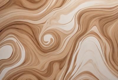 The primary subject of the image is a wooden surface with a swirling pattern. The setting is a room with a wooden wall, and the visual style appears to be a combination of a photo and a digital art or illustration. The dominant colors are brown and beige, creating a warm and natural atmosphere.