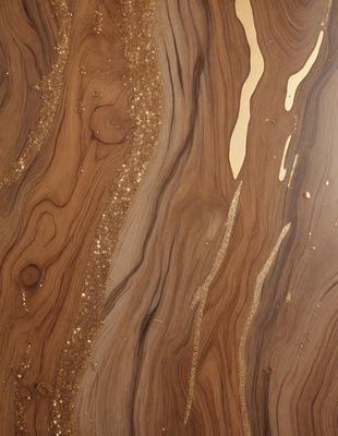 The primary subject of the image is a wooden table with a gold-colored, glittery surface. The table appears to be made of wood and has a unique, shiny appearance. The setting is indoors, with the table being the main focus of the scene. The visual style of the image is a close-up of the table, showcasing its intricate details. The colors and mood of the image are warm and inviting, with the gold-colored surface adding a touch of luxury and soph