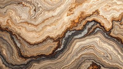 The primary subject of the image is a close-up of a marbled stone, showcasing its intricate and textured patterns. The setting is a natural environment, with the stone being the main focus of the scene. The visual style is a close-up of the stone, emphasizing its unique and detailed appearance. The colors and mood of the image are predominantly earthy tones, giving it a natural and organic feel.