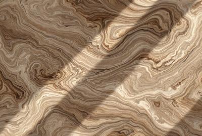 The primary subject of the image is a wooden floor with a unique and intricate pattern. The setting is a room with a sunlit surface, creating a warm and inviting atmosphere. The visual style is a close-up of the wooden floor, showcasing the detailed design and texture. The colors and mood of the image are predominantly warm and earthy tones, with the sunlight adding a touch of brightness to the scene.