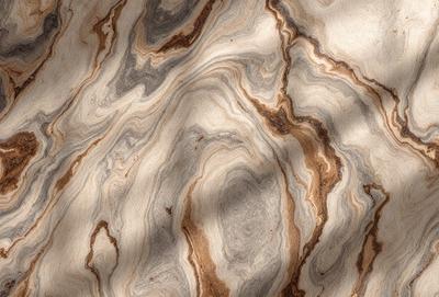 The primary subject of the image is a marble countertop with a unique and intricate pattern. The setting is a kitchen, and the visual style is a close-up of the marble countertop. The colors and mood of the image are predominantly brown and earthy, giving it a natural and elegant appearance.
