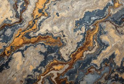The primary subject of the image is a marble-like pattern with a mix of blue, yellow, and orange colors. The setting is a stone surface, possibly a marble countertop or a wall. The visual style appears to be a combination of a photo and a digital art or illustration, creating a unique and intricate design. The colors and mood of the image are vibrant and lively, with the blue, yellow, and orange hues creating a sense of warmth and energy.