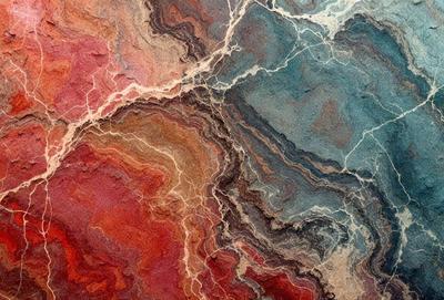 The primary subject of the image is a close-up of a rock formation, showcasing its intricate and colorful patterns. The setting is a natural environment, with the rock formation as the main focus. The visual style is a combination of photo and digital art, creating a realistic yet artistic representation of the rock formation. The dominant colors in the image are red, orange, and blue, giving the rock formation a vibrant and lively appearance.