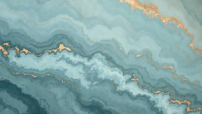 The primary subject of the image is a blue and gold ocean scene. The setting is a large body of water with a blue background. The visual style is a painting, which gives the image a vibrant and artistic appearance. The dominant colors are blue and gold, creating a serene and calming atmosphere.