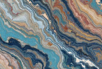 The primary subject of the image is a blue and white marbled stone. The setting is a close-up of the stone, showcasing its intricate and colorful patterns. The visual style is a realistic representation of the stone, capturing its natural beauty. The colors and mood of the image are vibrant and lively, with the blue and white hues creating a sense of depth and contrast.