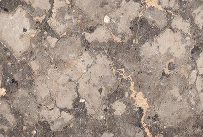 The primary subject of the image is a close-up of a stone wall with a patterned texture. The setting is a stone wall, and the visual style is a close-up of the wall. The colors and mood of the image are predominantly gray and brown, giving it a natural and earthy appearance.