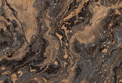 The image features a close-up of a marble-like surface with a brown and black color scheme. The surface appears to be a patterned stone, possibly a marble or granite countertop. The visual style of the image is a close-up, which emphasizes the intricate details of the stone's texture. The colors and mood of the image are warm and earthy, creating a sense of natural beauty and elegance.
