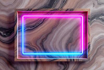 The primary subject of the image is a neon pink and purple box, which is placed on a marble surface. The setting appears to be a modern and stylish environment. The visual style of the image is a combination of digital art and illustration, creating a unique and eye-catching design. The dominant colors in the image are pink and purple, which evoke a sense of creativity and artistic expression.