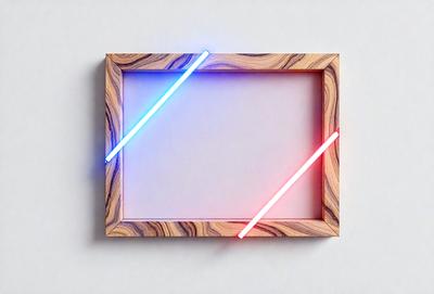 The primary subject of the image is a picture frame with a blue and red light shining through it. The setting is a white wall, and the visual style appears to be a digital art or illustration. The colors and mood of the image are vibrant and energetic, with the blue and red light creating a striking contrast against the white background.