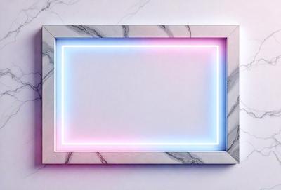 The primary subject of the image is a white frame with a pink and blue light shining through it. The setting is a white wall, and the visual style appears to be a digital art or illustration. The colors and mood of the image are predominantly pink and blue, creating a warm and inviting atmosphere.