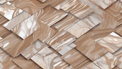 The primary subject of the image is a patterned marble tile. The setting is a room with a marble floor, and the visual style is a close-up of the tile. The colors and mood of the image are predominantly brown and white, giving it a natural and elegant appearance.