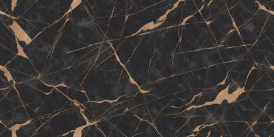 The primary subject of the image is a black and gold marble pattern. The setting is a black background, and the visual style is a close-up of the marble pattern. The colors and mood of the image are dark and sophisticated, with the gold accents adding a touch of warmth to the overall atmosphere.