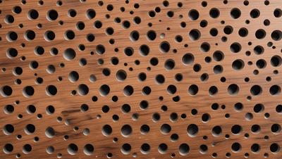 The primary subject of the image is a wooden surface with a pattern of holes. The setting is a close-up view of the wooden surface, which appears to be a piece of wood with a texture of holes. The visual style is a close-up of the wooden surface, showcasing the intricate pattern of holes. The colors and mood of the image are predominantly brown, giving it a natural and earthy feel.