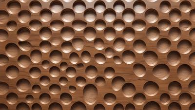 The primary subject of the image is a wooden surface with numerous small holes in it. The setting is a close-up view of the wooden surface, which appears to be a wall or a table. The visual style is a close-up of the wooden surface, showcasing the intricate details of the holes. The colors and mood of the image are predominantly brown, giving it a warm and natural appearance.