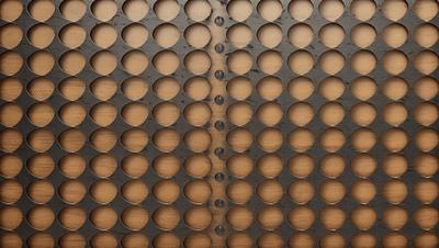 The primary subject of the image is a wooden surface with a pattern of round holes. The setting is a wooden wall, and the visual style appears to be a combination of a photo and a pattern. The dominant colors are brown and black, creating a warm and earthy atmosphere.