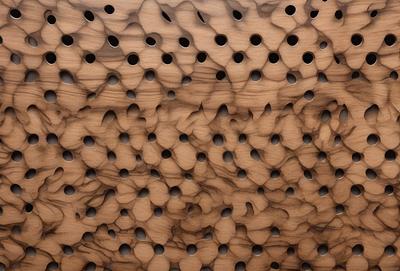 The primary subject of the image is a wooden wall with a unique design. The wall features a pattern of holes, giving it a distinctive appearance. The setting is indoors, with the wall being the main focus of the scene. The visual style of the image is a close-up of the wooden wall, showcasing its intricate design. The colors and mood of the image are predominantly brown, giving it a warm and natural feel.