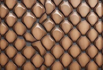 The primary subject of the image is a wooden wall with a unique design. The wall features a pattern of wooden squares, which are arranged in a way that creates a visually interesting and textured surface. The setting is indoors, likely in a room or a space with wooden walls. The visual style of the image is a combination of photo and digital art, as it captures the intricate details of the wooden wall design. The colors and mood of the image are warm and inviting, with the wooden squares creating a sense of
