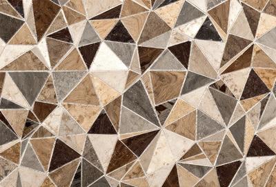 The primary subject of the image is a patterned surface, which appears to be a marble or stone tile. The setting is a room with a tiled floor, and the visual style is a close-up of the patterned surface. The colors and mood of the image are predominantly brown and earthy, giving it a natural and warm atmosphere.