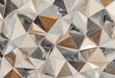 The primary subject of the image is a patterned wall made of marble. The setting is a room with a marble wall, and the visual style is a combination of photo and digital art. The dominant colors are gold and white, creating a luxurious and elegant atmosphere.